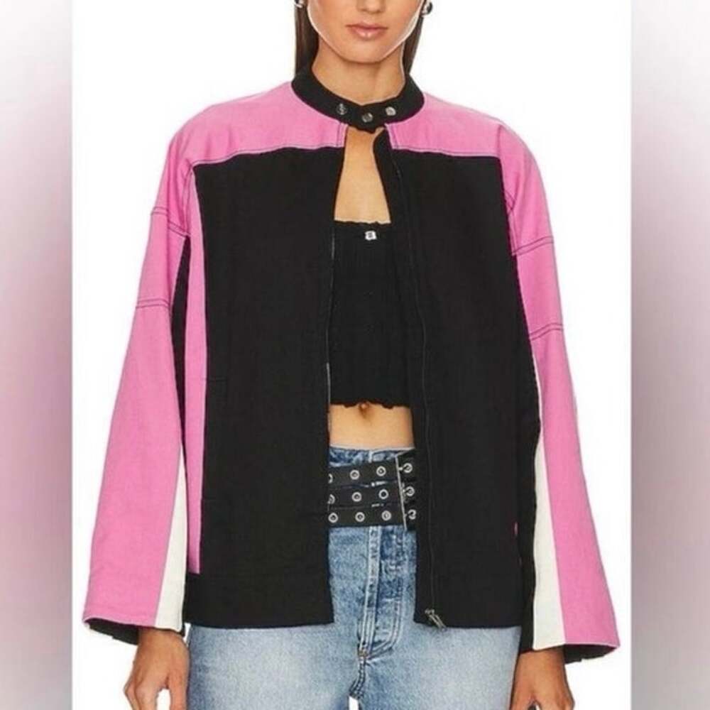 Lovers + Friends Julia Bomber Jacket in Black & Pink Large